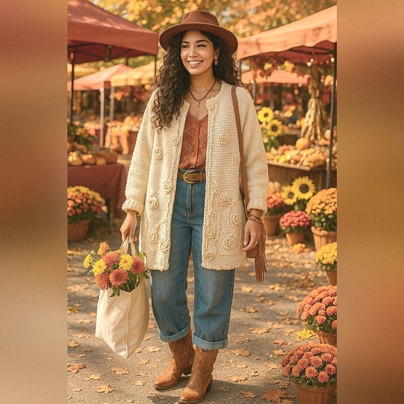 Vintage Boho M/L Cottagecore Grandmacore Hand Knit Cotton Longline Cardigan - Picture 7 of 8